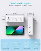 Surge Protector Outlet Extender with Rotating Plug, 6 AC Multi Plug Outlet with 4 USB Ports (3 USB C), 1800 J, 3-Sided Swivel Power Strip with Spaced Outlet Splitter for Dorm Office, White-2 Pack