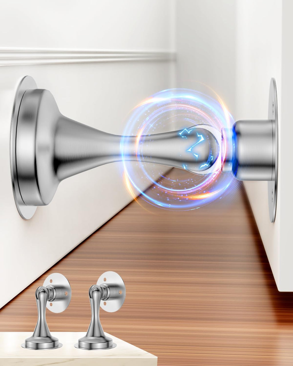 Door Stoppers Magnetic Door Catch - 2 Pack Stainless Steel Heavy Duty Door Holder Stops for Bottom Top of Door - Wall Floor Mounting No Drill 3M Adhesive & Screws Strong Magnet Keep Door Open(Silver)