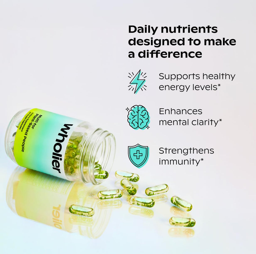 wholier Plant Based Multivitamin Vegan Omega-3 DHA EPA, Vitamin D, B12, Zinc, Vitamin K2, Iron, Iodine, Selenium. 60 Count (30-Day Supply) Glass Bottle