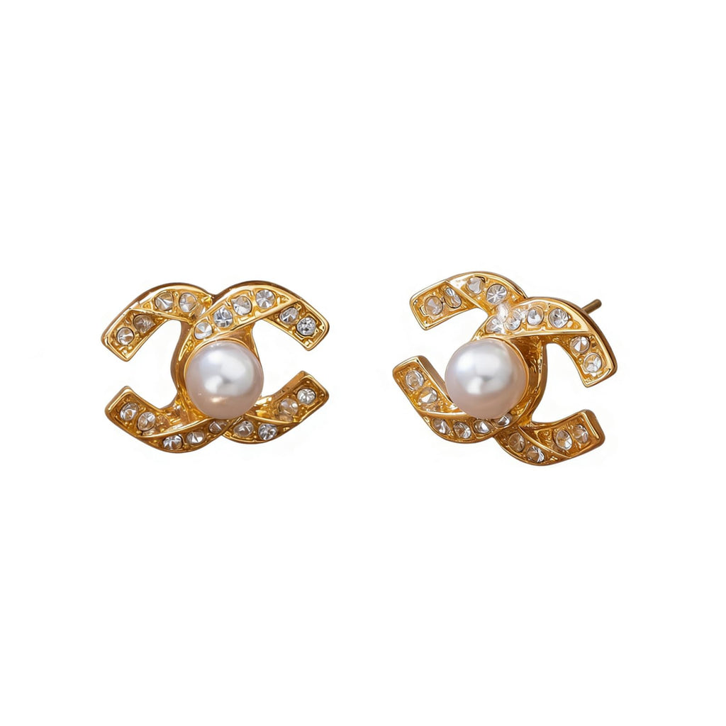IvoryHaid Golden Pearl Stud Earrings for Women, Cubic Zirconia Paved Designer Style Earrings with faux Pearl, Elegant Luxury Fashion Jewelry idea for Women