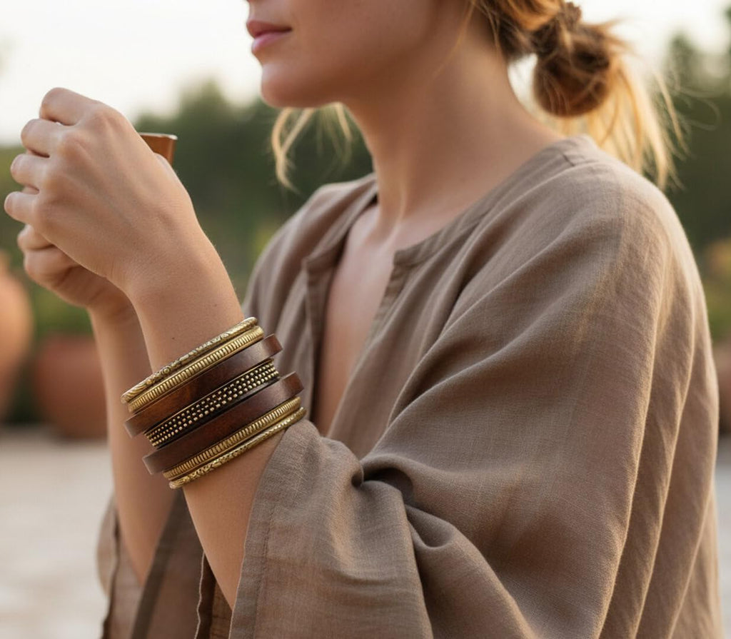 Touchstone wooden women bamboo wood jewelry african bangle bracelets gold bangles brown boho accessories chunky vacation brass statement natural rustic Indian bollywood handcrafted. Set of 7