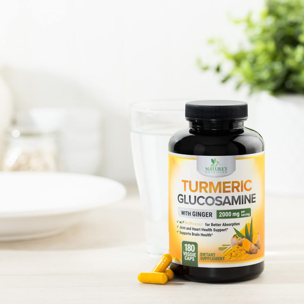 Turmeric Curcumin Supplement 2000mg - 95% Curcuminoids with Glucosamine, Ginger & MSM, BioPerine Black Pepper for Best Absorption, Nature's Vegan Joint Support, Non-GMO, Bottled in USA - 180 Capsules
