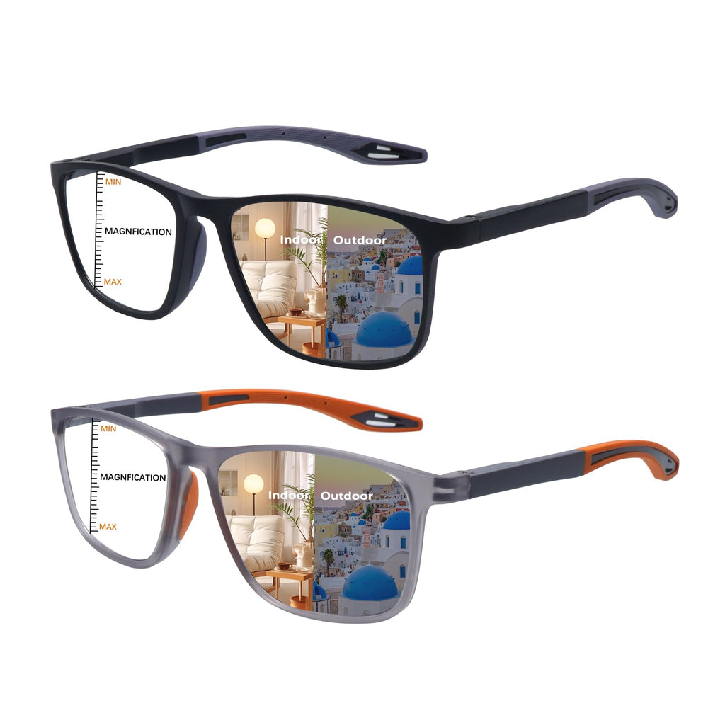 CLASAGA Progressive Multifocal Reading Glasses for Men Photochromic Gray Sunglasses Sports Style Blue Light Blocking Computer Readers (Black&Grey, 1.75, x)