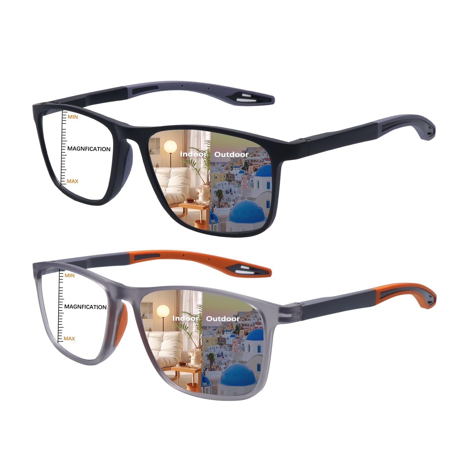 CLASAGA Progressive Multifocal Reading Glasses for Men Photochromic Gray Sunglasses Sports Style Blue Light Blocking Computer Readers (Black&Grey, 1.75, x)