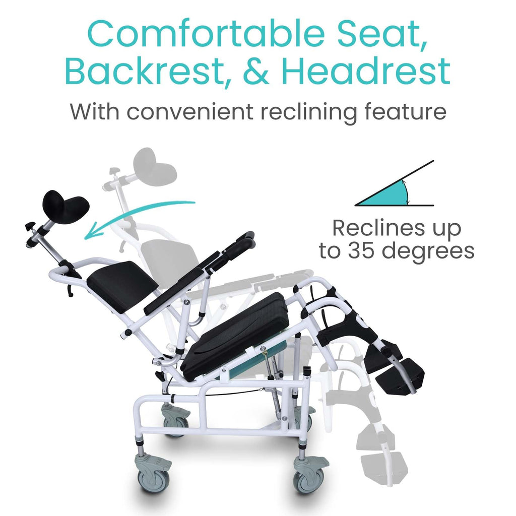 Vive Reclining Shower Chair with Wheels - Commode Wheelchair for Seniors, Disabled & Handicap - Padded Transfer Rolling Chairs w/Arms - Portable, Waterproof Shower Chair - Reclines for Easy Hair Wash