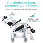 Vive Reclining Shower Chair with Wheels - Commode Wheelchair for Seniors, Disabled & Handicap - Padded Transfer Rolling Chairs w/Arms - Portable, Waterproof Shower Chair - Reclines for Easy Hair Wash