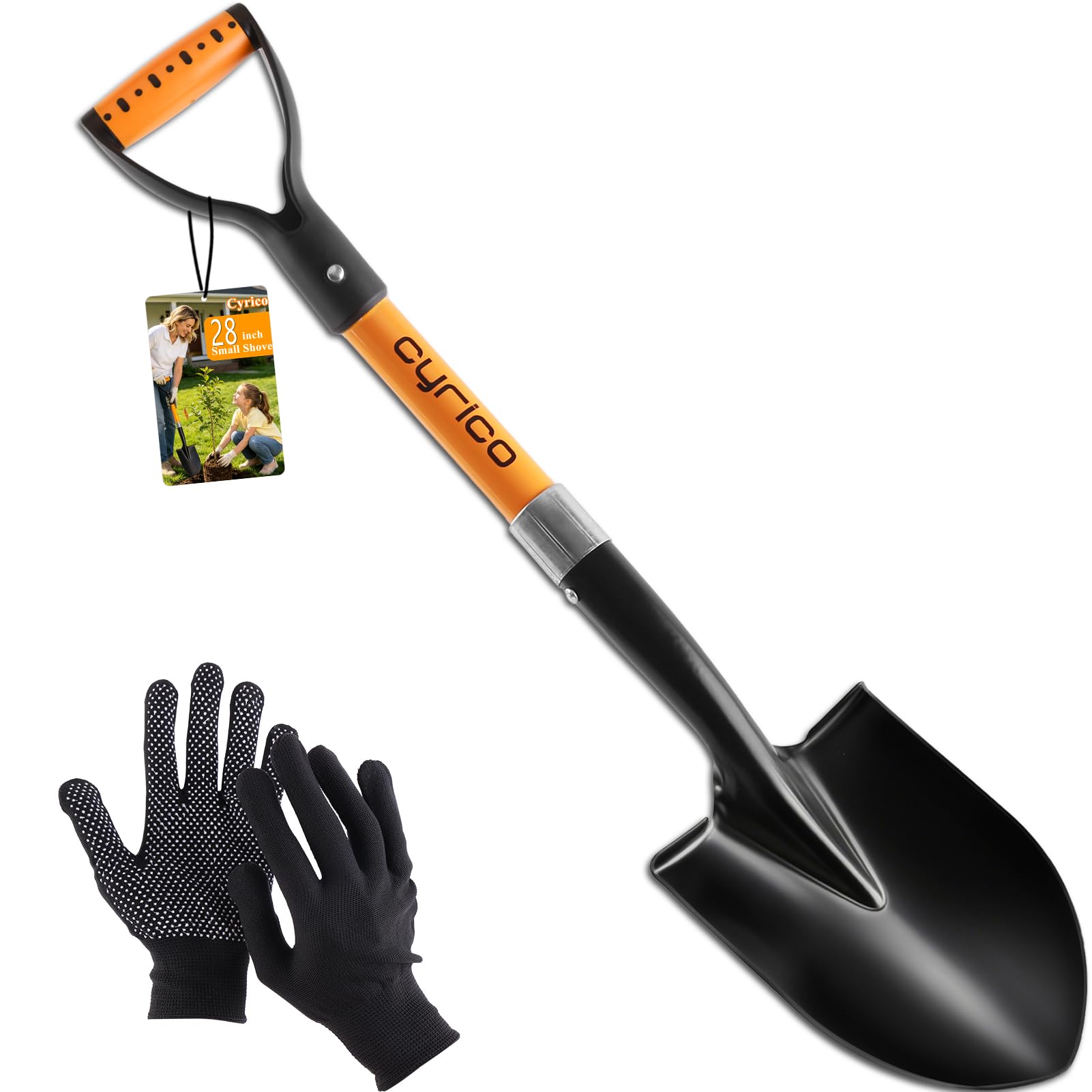 Cyrico 28 Inch Shovel for Digging, Heavy Duty Round Point Garden Shovel with D-Handle Fiberglass Handle, Portable Small Shovel for Gardening Landscaping Camping Snow Removal Beach Car Emergency Tool