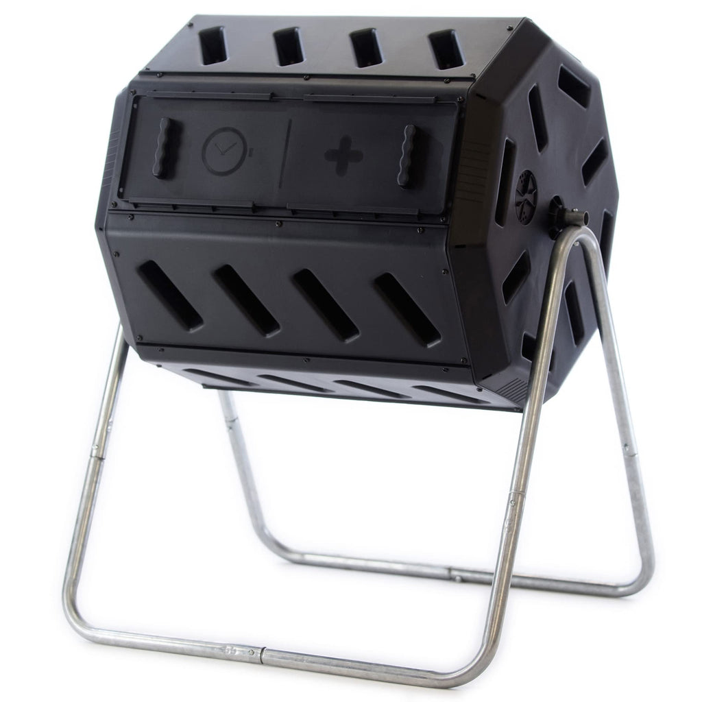 FCMP Outdoor Heavy Duty 37 Gallon 8 Sided Steel Portable Plastic Dual Chamber Tumbling Composter Outdoor Elevated Rotating Garden Compost Bin, Black