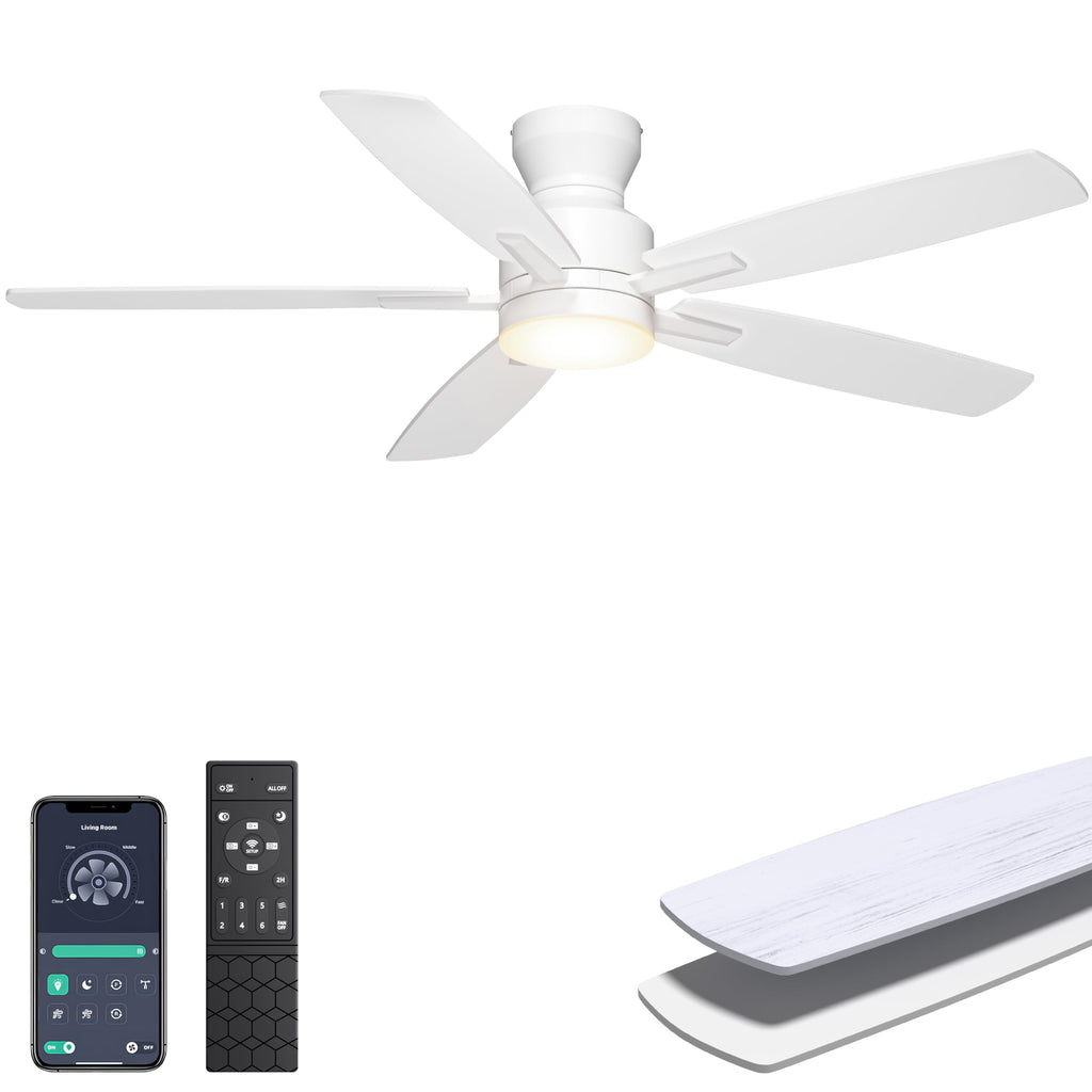 Ohniyou Ceiling Fans with Lights, 52'' Low Profile Ceiling Fan with Light and Remote/APP Control, Modern Flush Mount Ceiling Fan for Indoor Bedroom Living Room, Dimmable, Qiuet DC Motor, White