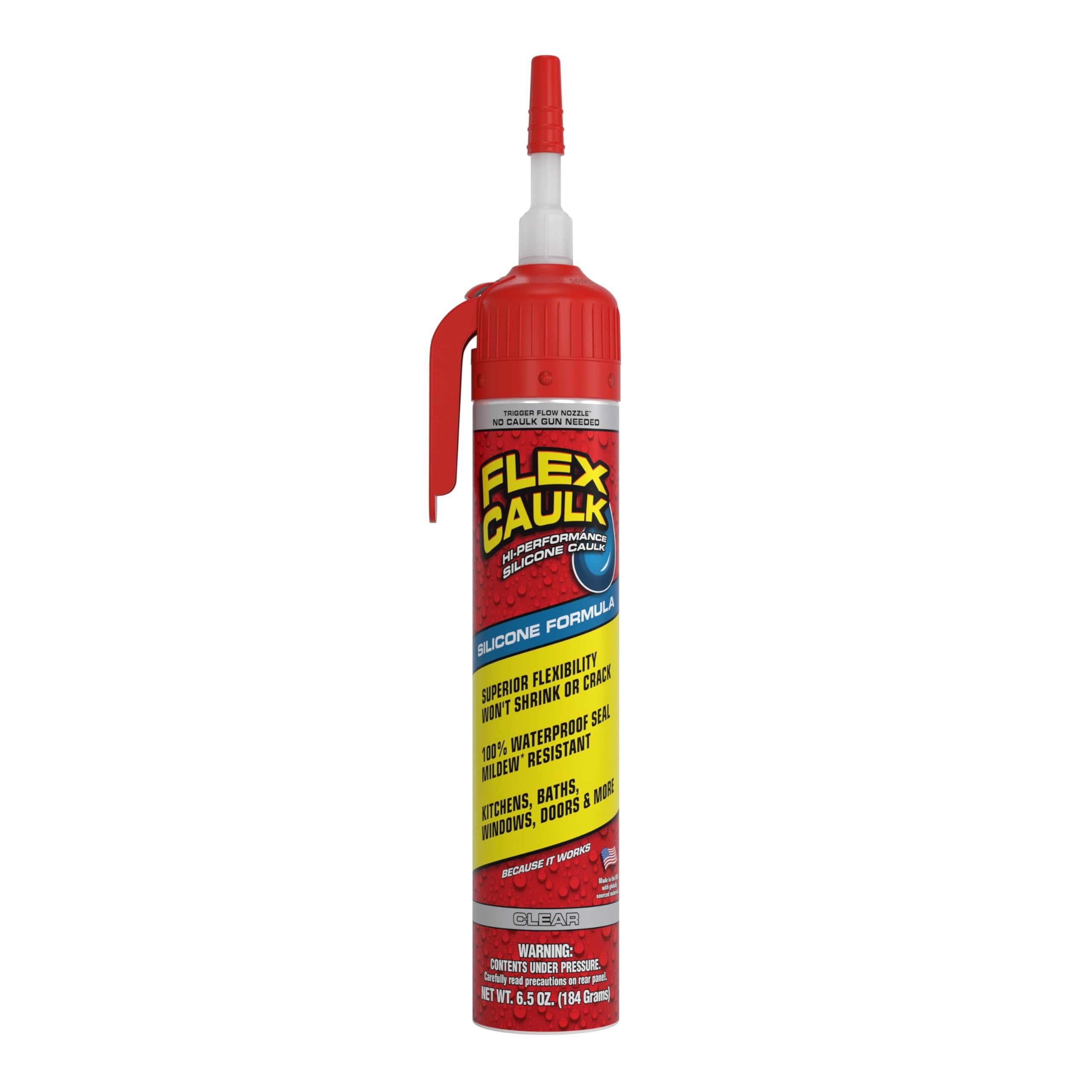 Flex Caulk, Silicone, Waterproof & Weatherproof Sealant, Strong, Indoor, Outdoor, Bath, Kitchen, Shower, Sink, Window, Baseboards, Door, RV, Roof, Wood, Glass, Tile, Marine, Clear, 6.5 oz, 1-Pack
