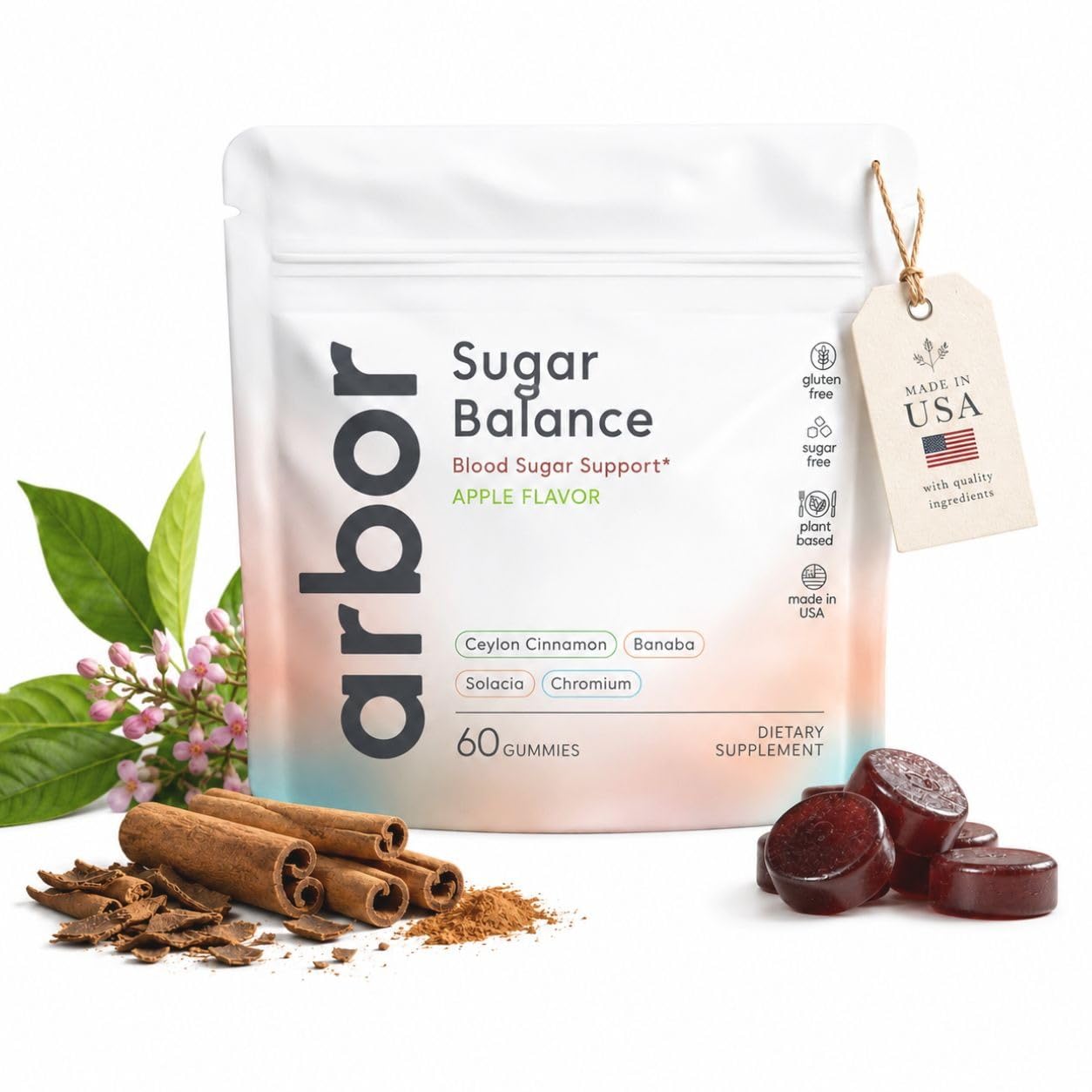 ARBOR ELEMENTS Sugar Balance Gummies – Vegan Herbal Supplement with Ceylon Cinnamon, Banaba, Salacia & Chromium – Supports Healthy Blood Sugar & Carbohydrate Metabolism Function – 60 Gummies