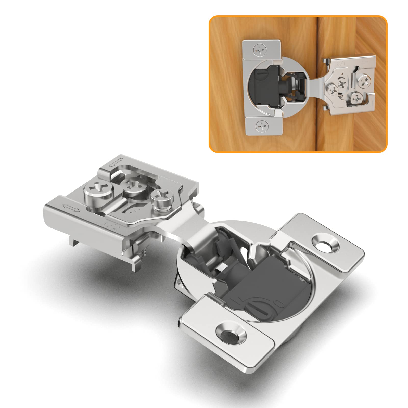 Chibery 10 Pack 1/2" Overlay 4D Soft Close Concealed Hinges for Face Frame Door, Adjustable Closing Speed, Smooth Slow Self Close Hinges, Satin Nickel, 105° Open Angle Stainless Steel Cabinet Hinges