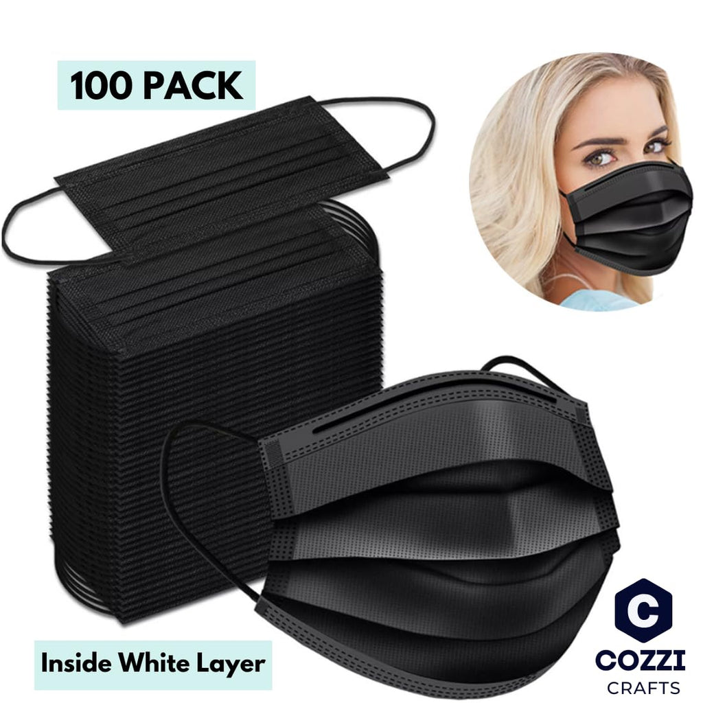 Cozzi Crafts Black Face Masks Disposable 100 Pack 3 Ply Facemask with White Inside, Dust & Allergy Mask, 3 Layer Adult Breathable