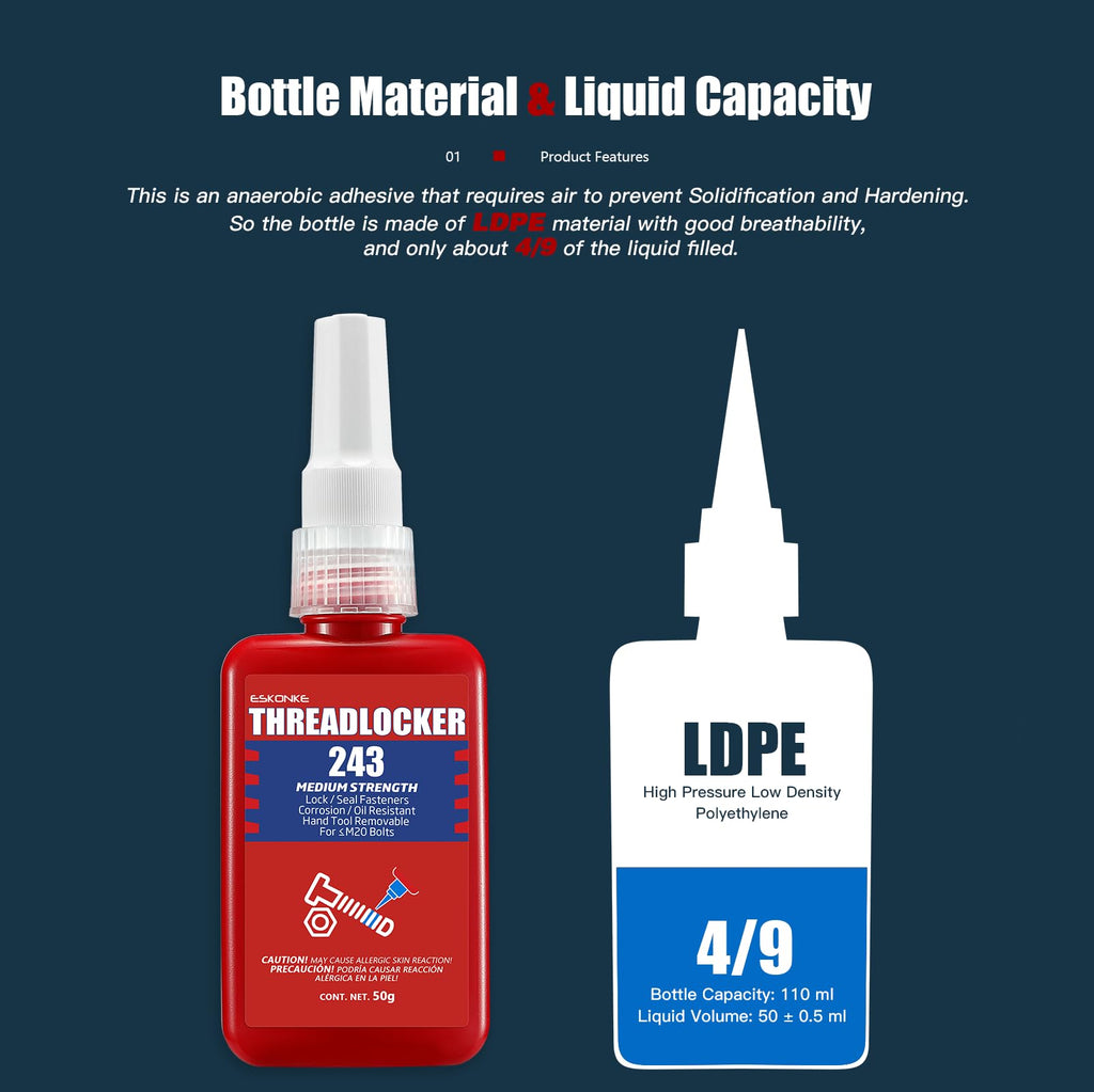 ESKONKE Thread Locker Blue 243 - Removable Threadlocker Metal Glue for Nuts, Bolts, Fasteners Medium Strength Screw Compound to Prevent Loosening & Corrosion 1.69 Oz/50 ml