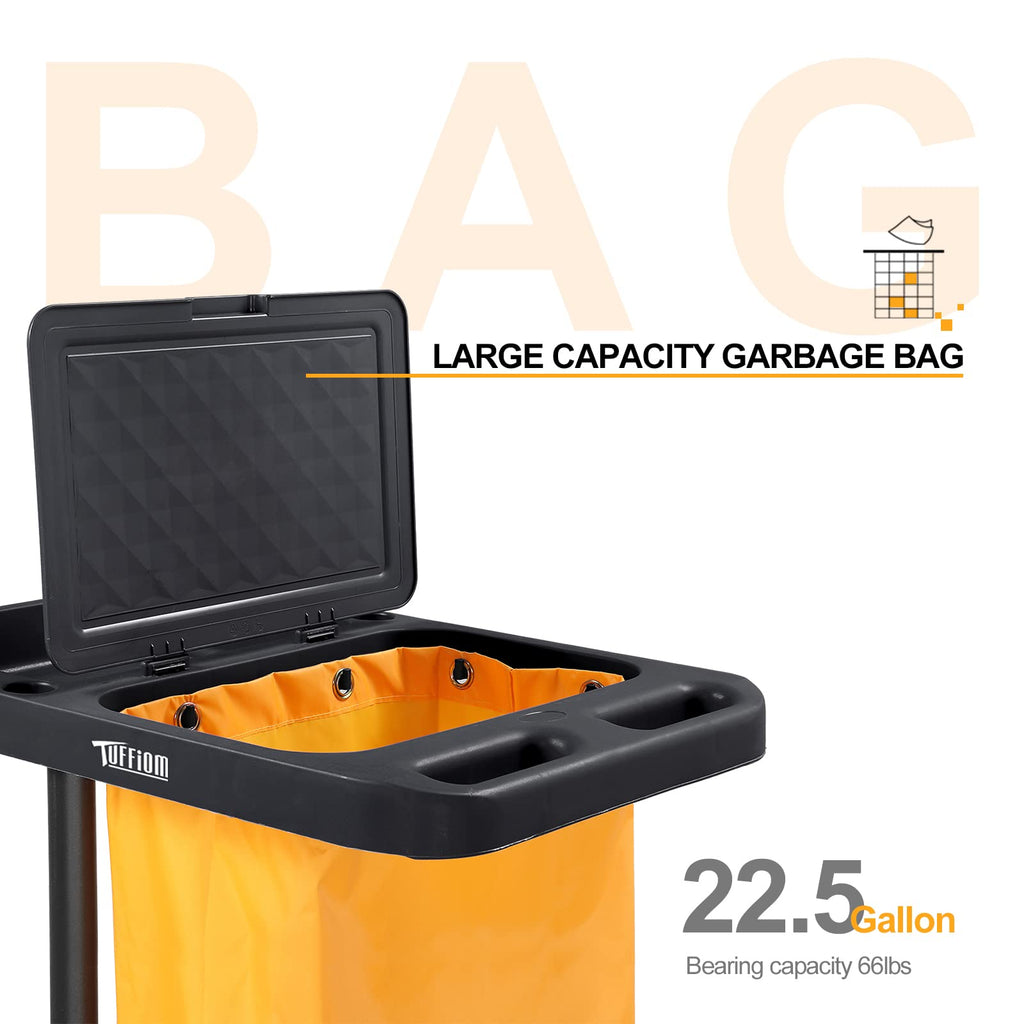 TUFFIOM Extra Large Commercial Traditional Cleaning Janitorial 3-Shelf Cart, 500 Lbs Capacity Housekeeping Cart, 42.5" L x 18.7" W x 37.6" H, Wheeled with 22 Gallon Yellow VinylBag Cover w Lid, Black