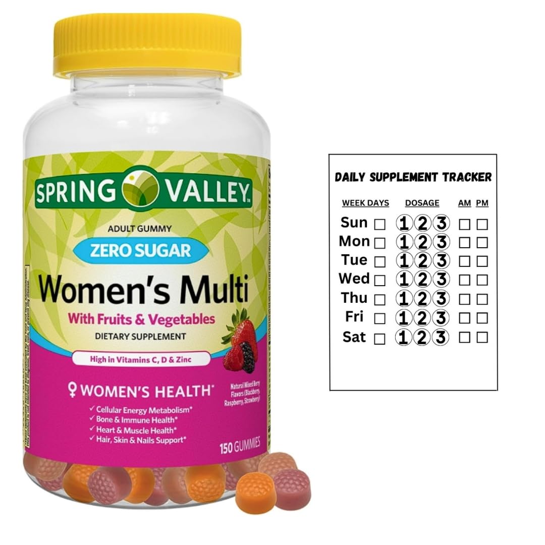 Spring Valley Zero Sugar Women's Multi Gummy, 150 Count, Pack 01 + Daily Supplement Tracker Sticker