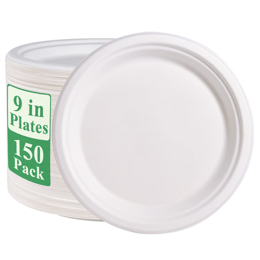 Vplus 150 Pack Paper Plates 9 inch 100% Compostable, Heavy-Duty Disposable Paper Plates Bagasse Natural Biodegradable Eco-Friendly Sugarcane（White）