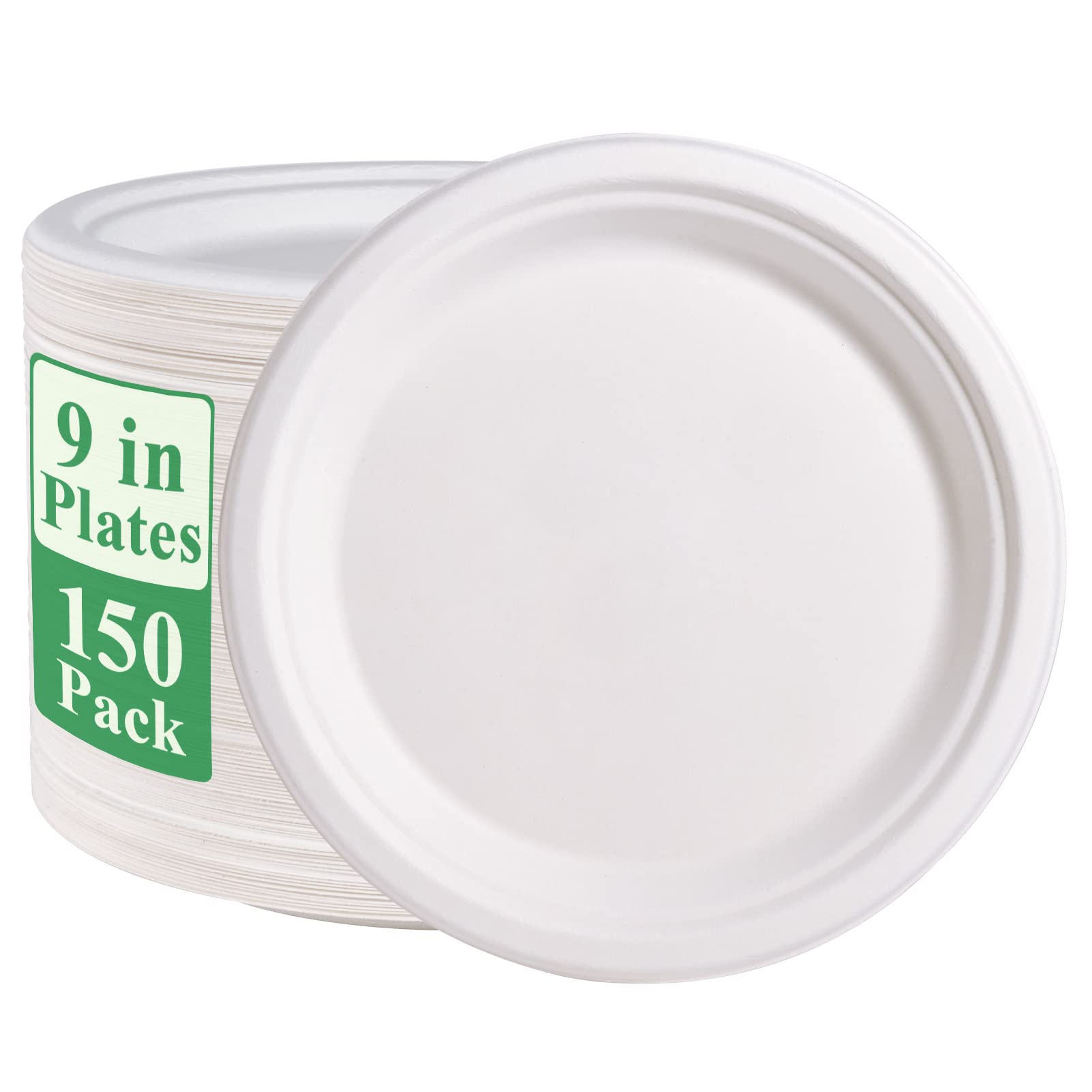 Vplus 150 Pack Paper Plates 9 inch 100% Compostable, Heavy-Duty Disposable Paper Plates Bagasse Natural Biodegradable Eco-Friendly Sugarcane（White）