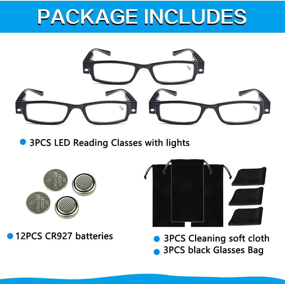 DuanMei Reading Glasses with Light Bright LED Readers with Lights Reading Glasses Lighted Magnifier Nighttime Reader Compact Full Frame Eyewear Unisex Clear Vision Lighted Eye Glasses,+2.5