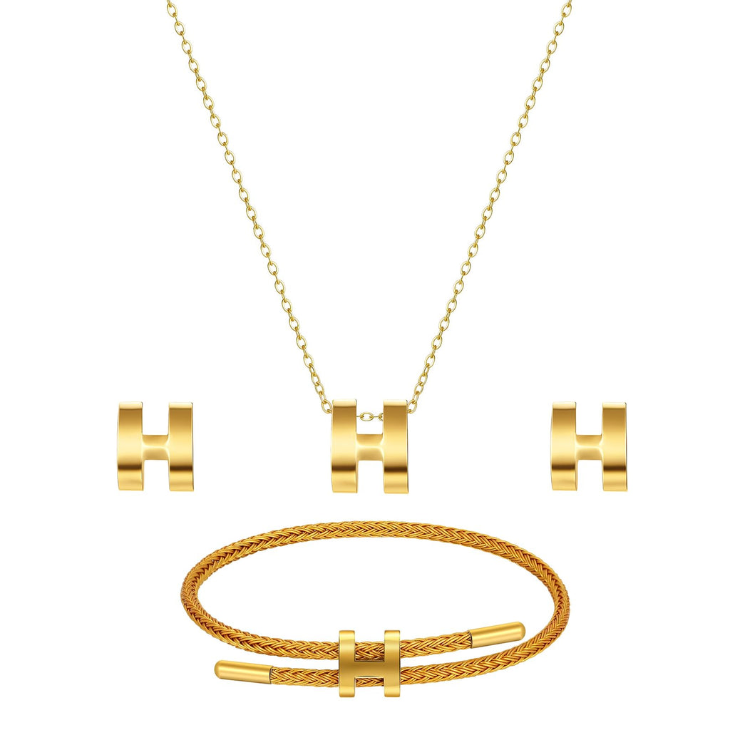 Watdoc H Jewelry Set for Women 3 Piece, H Titanium Steel Necklace, Earrings, Bracelet Set, Hypoallergenic Ear Studs, Adjustable Chain, Eco Friendly Packaging (gold)