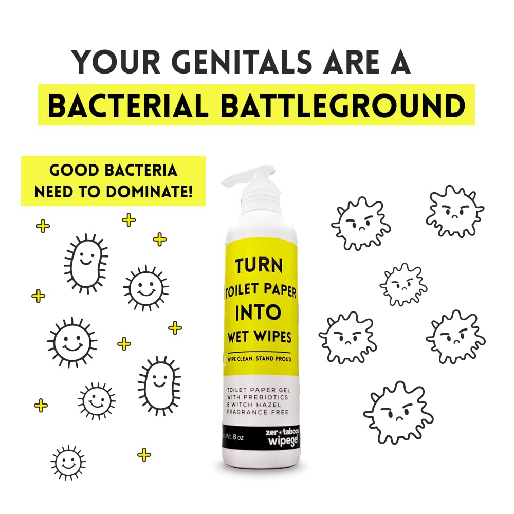 zerotaboos Wipegel | Witch Hazel Cleansing Gel with Prebiotics | Turns Toilet Paper into Gentle, Flushable Wipes | For Sensitive Skin & Daily Freshness | Up to 400 Uses | Fragrance-Free & Septic Safe