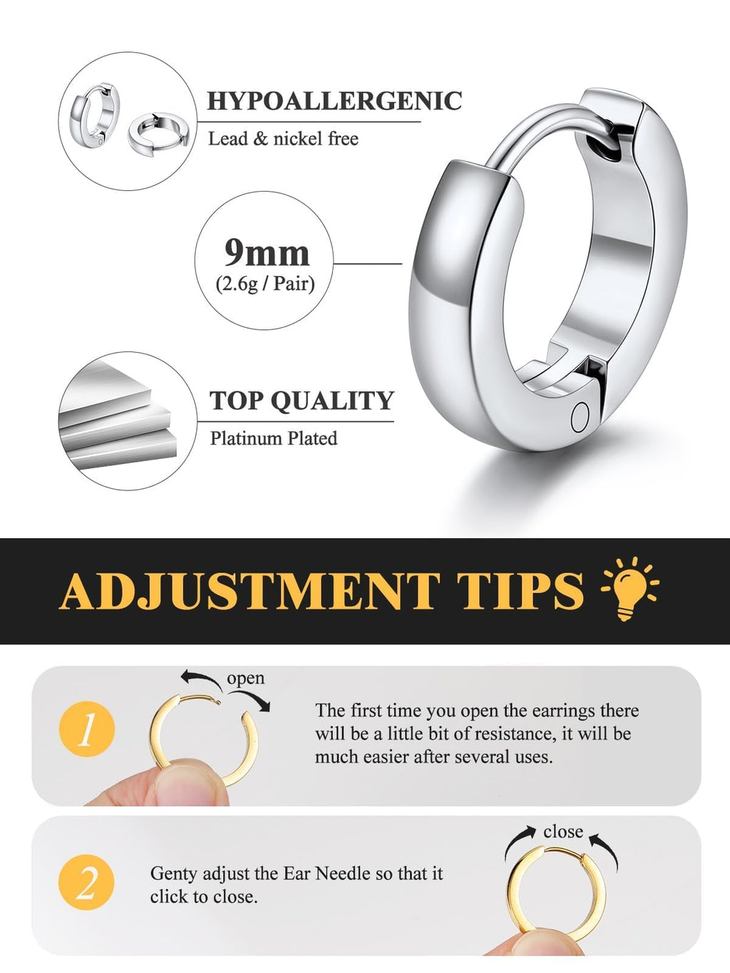 Small Silver Huggie Hoop Earrings for Women 9mm Lightweight