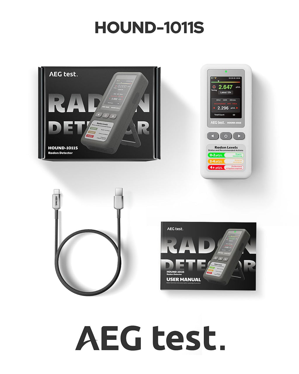 AEGTEST HOUND-1011S Portable Radon Detector, High-Accuracy Sensor for Home, Lightweight, Audible & Visual Alarms, Long-Term Monitoring, Easy-to-Use Radon Tester in pCi/L or Bq/m³ for Basement