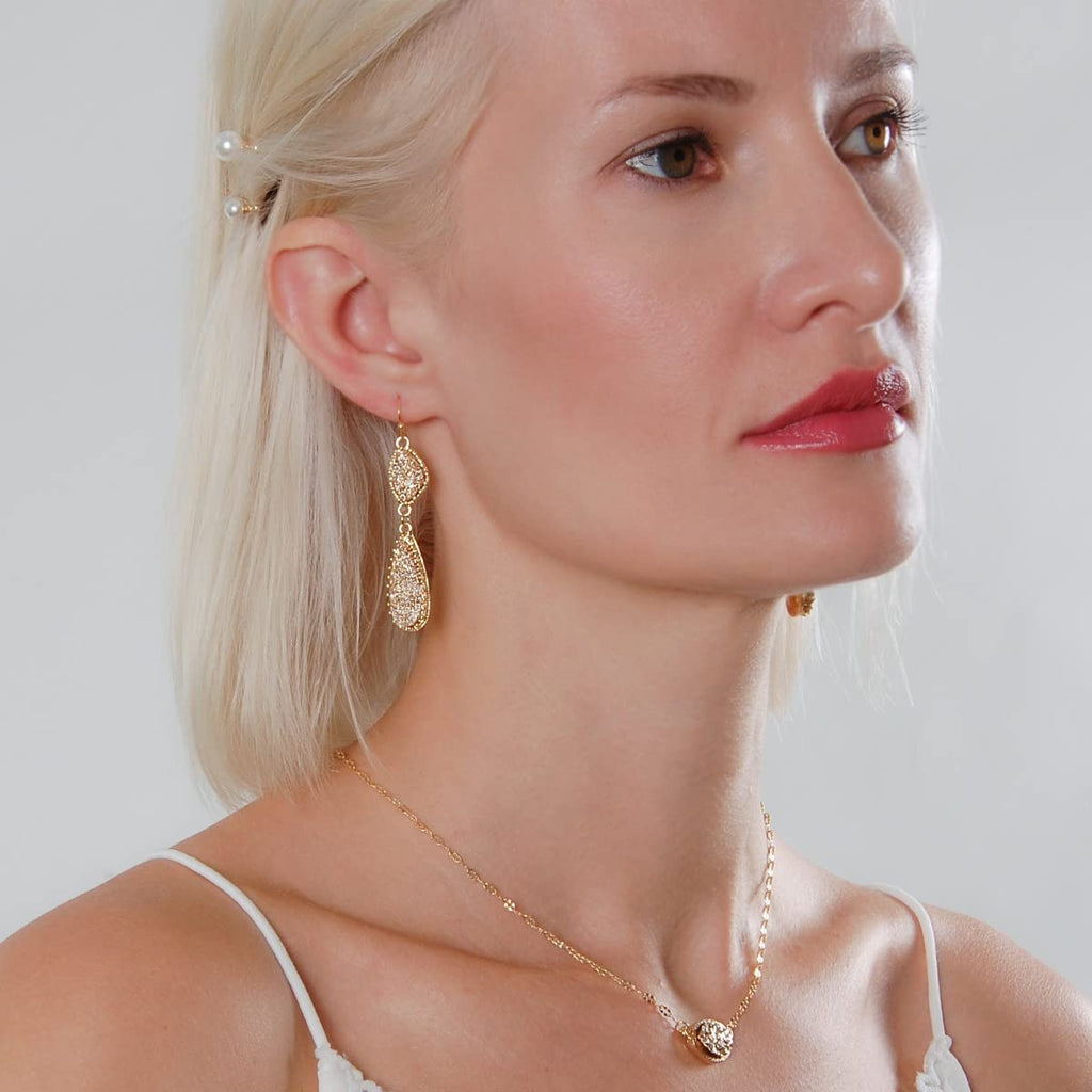 Gold Tone Earrings for Women Dangle - Faux Druzy Long Double Tear Drops