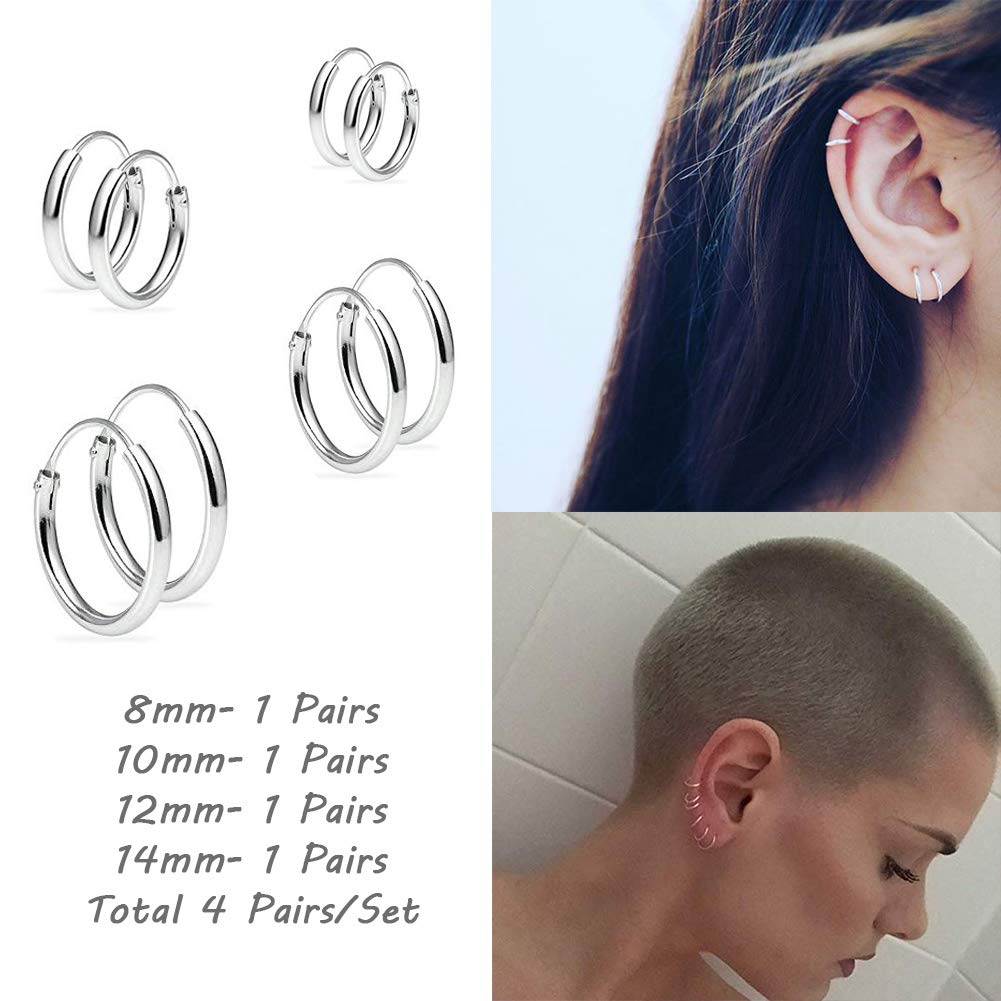 EPIRORA Silver Hoop Earrings- Cartilage Earring Small Hoop Earrings for Women Men,4 Pairs of Hypoallergenic 925 Sterling Silver Tragus Earrings(Silver,8mm/10mm/12mm/14mm)