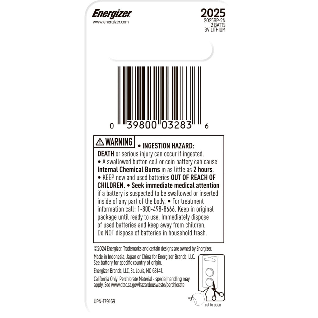 Energizer 2025 Batteries (2 Pack), 3V Lithium Coin Batteries With 3-in-1 Child Shield