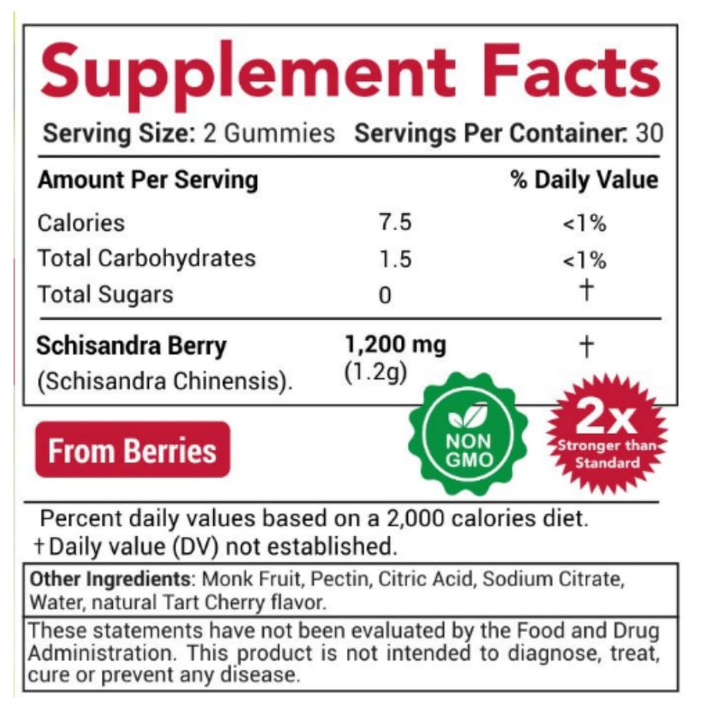 Schisandra Supplement 1200mg | 50x Regular Strength Schisandra Whole Berry | Vegan Sugar Free Cherry Flavor 60 Gummies