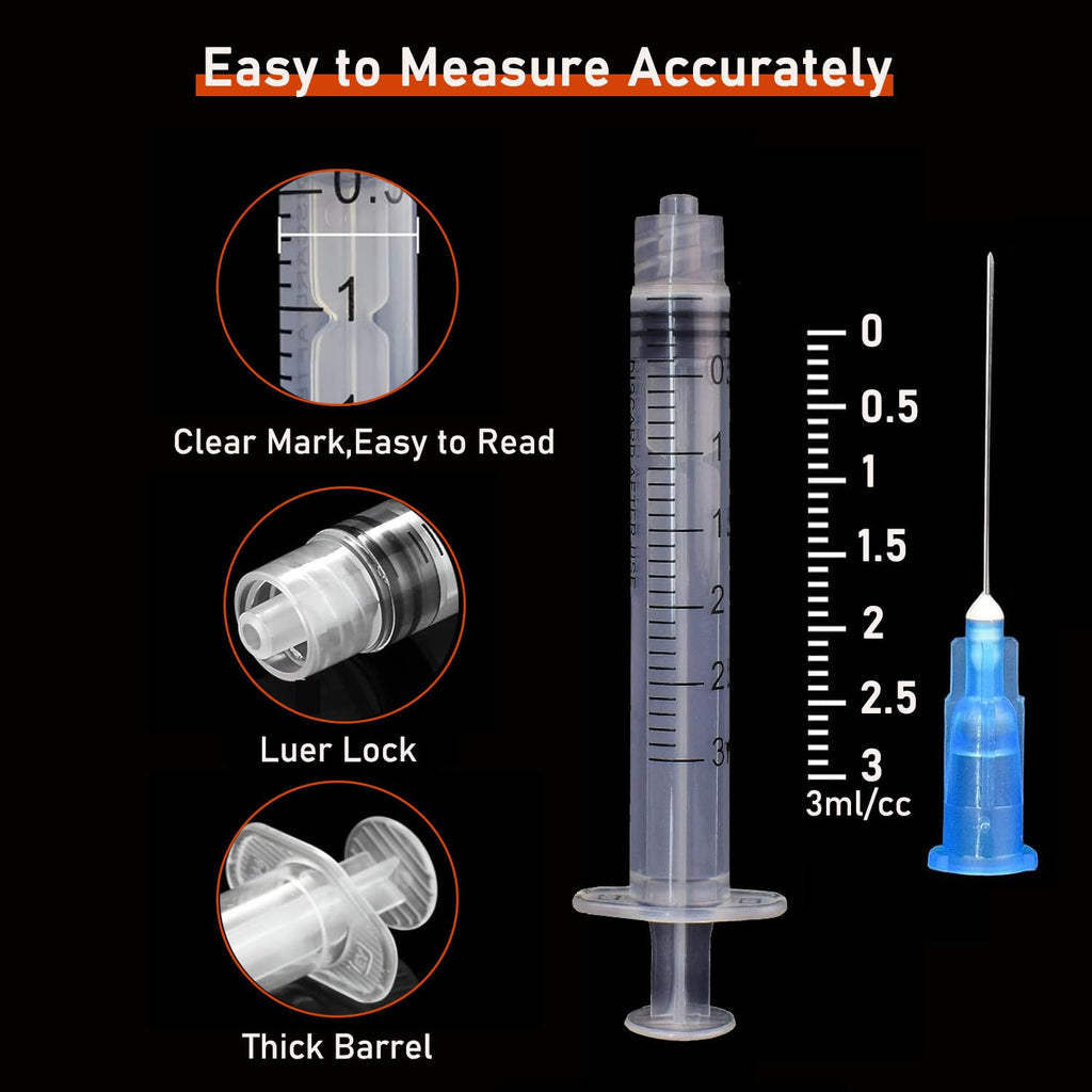 100 Pack 3ml/cc Disposable Luer Lock Lab Syringes with 23Ga 1.5 Inch Needle