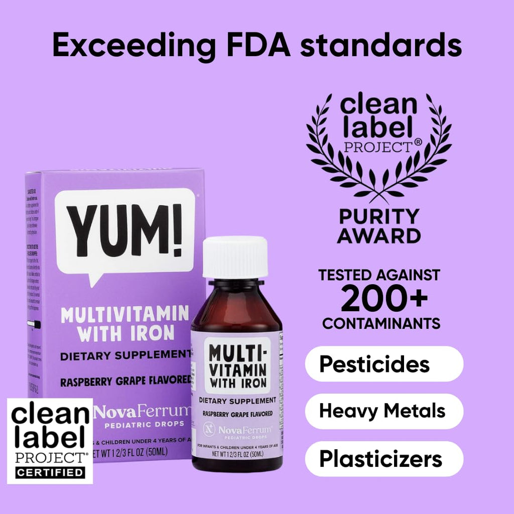 NovaFerrum Yum | Multivitamin with Iron for Infants, Toddlers & Kids Ages 4 & Under | Immune Support | Gluten Free Certified | Sugar Free | Raspberry Grape | 50 Servings