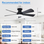 Depuley 42-Inch Ceiling Fans with Lights: Indoor/Outdoor Flush Mount Ceiling Fan with Remote Control - Black 5 Blade Low Profile Fandelier for Kitchen Gazebo - Reversible Quiet Timer - 2 Packs