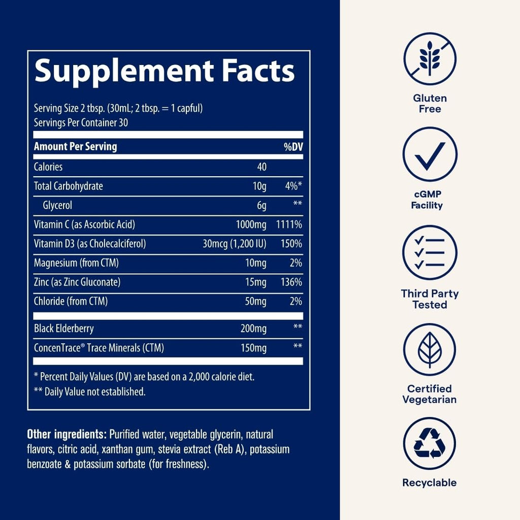 Trace Minerals | Liquid Immunity+ with Elderberry, Zinc, Vitamins C & D, Ionic Trace Minerals | Fast Absorbing, Sugar Free Immune Support, Gluten Free, Vegetarian Certified | Mixed Berry | 30 oz