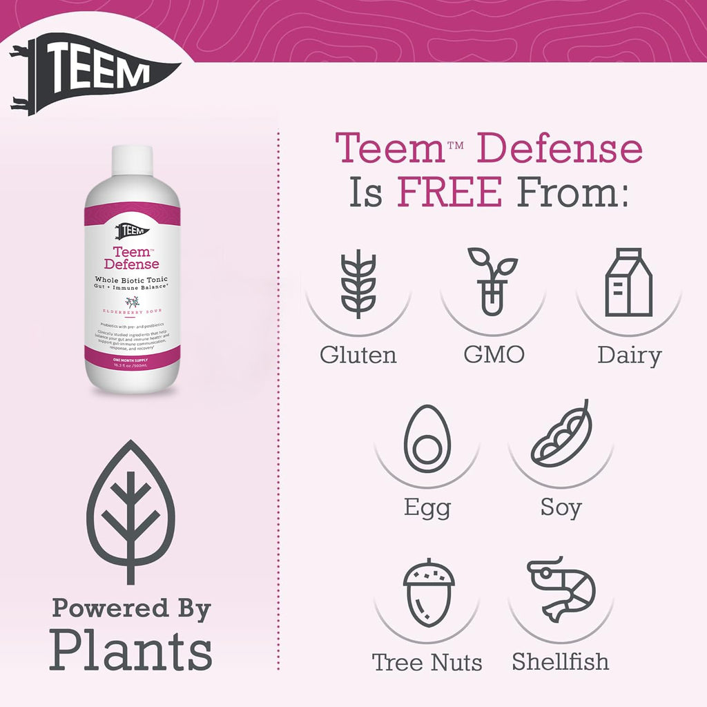 Teem Defense Liquid Probiotic with Elderberry, Whole Biotic Tonic for Digestion & Immunity, Prebiotic Probiotic & Postbiotic Supplement for Kids and Adults, 30 Day Supply – 16.3 Fl.Oz