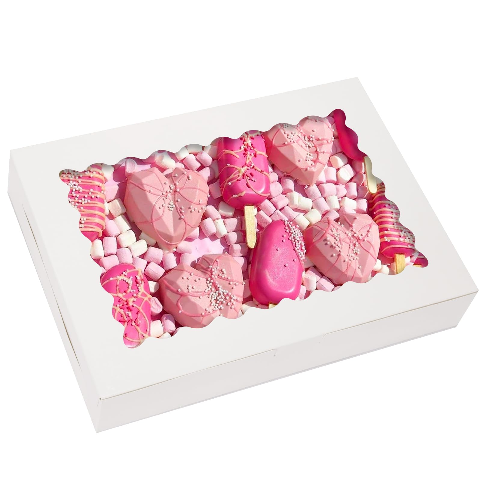 TOMNK 30pcs Cookie Boxes, 14x10x2.5 Inch Large Treat Boxes with Window for Treats, Pies, Chocolate Strawberries Muffins, Donuts, Dessert