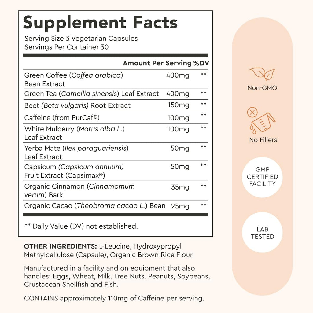 Alaya Naturals Metabolism+, Natural Energy with Green Tea, Cinnamon, Beet Root, Caffeine, Non-GMO– 90 Capsules
