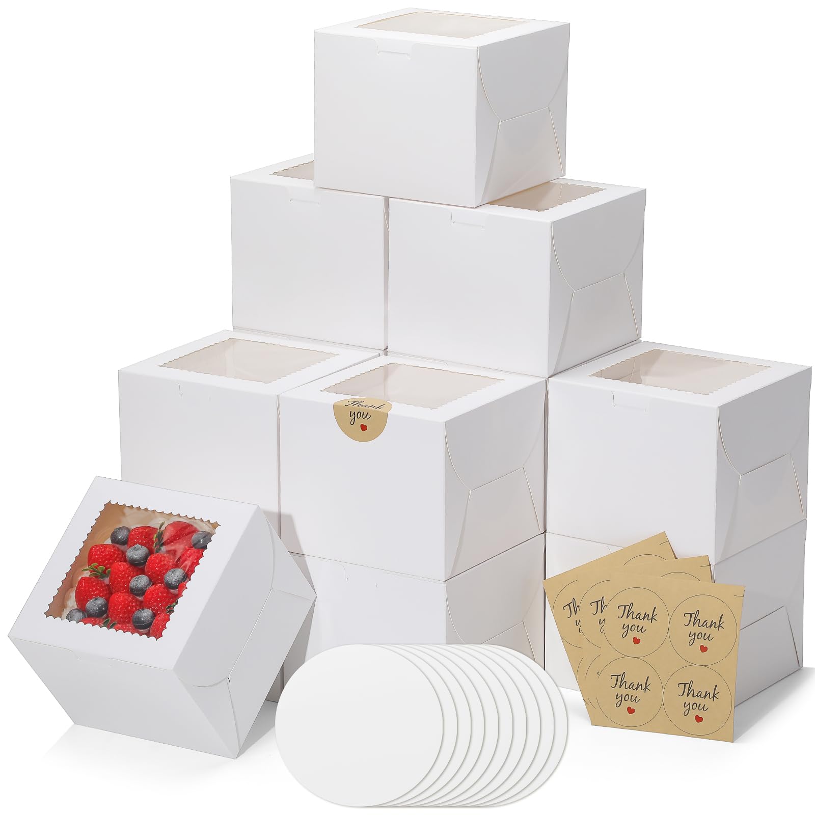 EQOREIIN Mini Cake Boxes 6 Inch with Window, 48 Set Bakery Boxes with Cake Boards & Stickers, Cupcake Box for Birthday, Party, Wedding, Mother's Day, Valentine's Day, Christmas（6x6x5 inch）