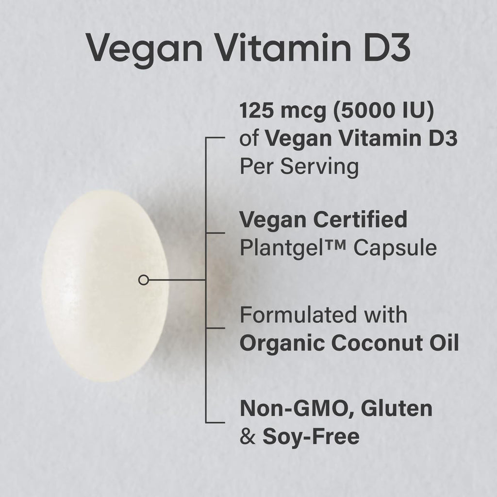 Sports Research Vegan Vitamin D3 5000IU (125 mcg) with Coconut Oil | 100% Plant-Based Vitamin D for Bone, Joint & Immune Support | Carrageenan Free, Vegan Certified & Non-GMO Verified (60 Softgels)