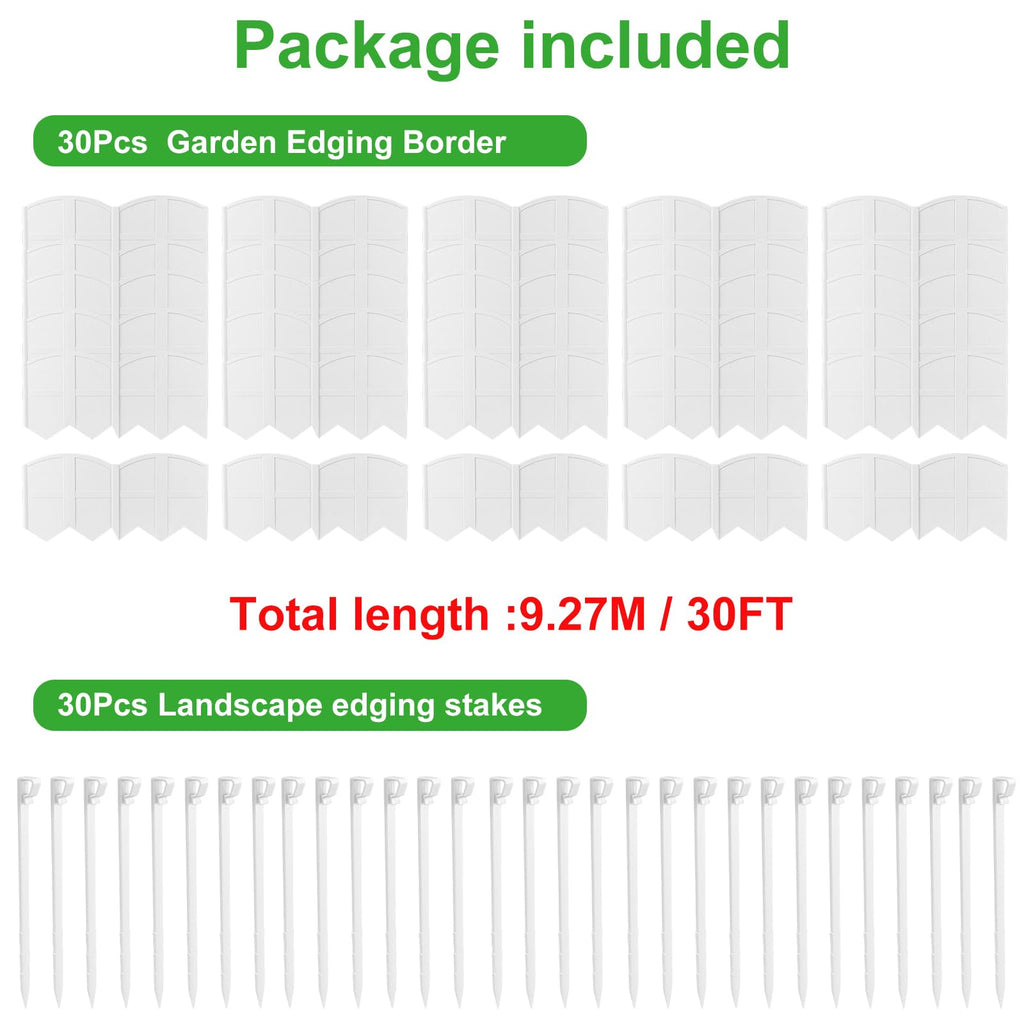 30Pcs 30Ft White Landscape Edging Border Decorative Garden with Stakes Kits