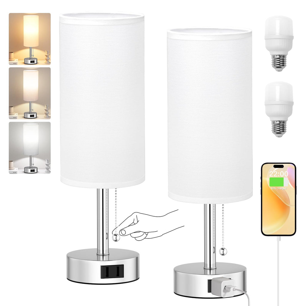 Fenmzee White Silver Bedside Table Lamps Set of 2-3 Color Temperatures Pull Chain Lamp with AC Outlet Charging Port, Two Round Night Stand Lamps for Bedroom, Small Bed Side Light with E26 LED Bulbs