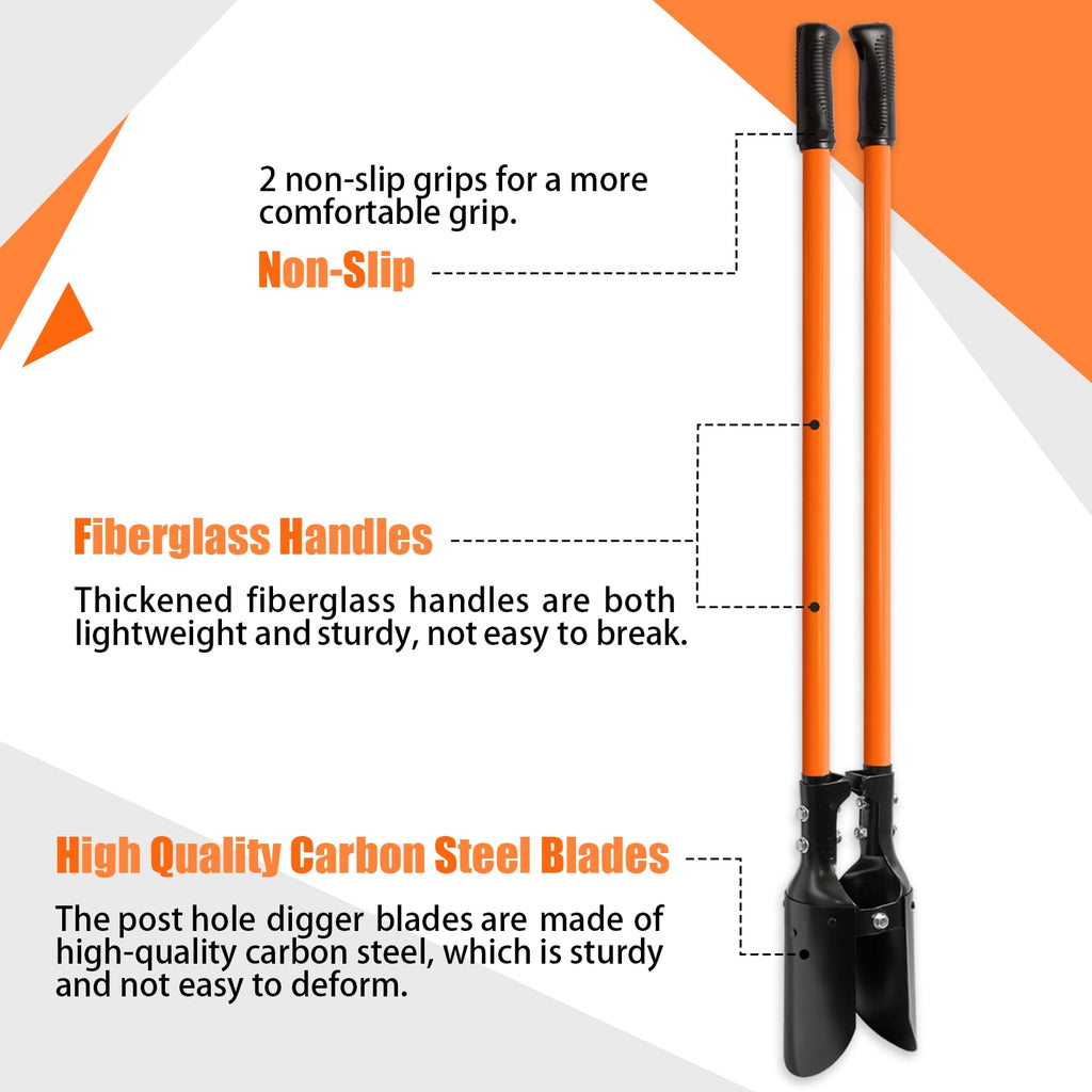 Nohovu Post Hole Digger, Heavy Duty with Fiberglass Handle, Carbon Steel Blades, 58 Inches, Orange & Black
