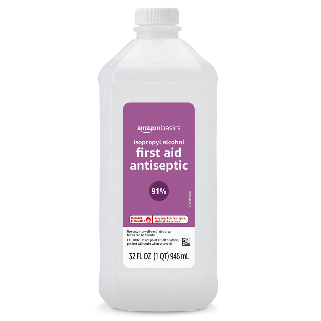 Amazon Basics Isopropyl Alcohol 91% First Aid Antiseptic, Multipurpose Disinfectant for Minor Cuts and Scrapes, Unscented, 32 fl oz Bottle, Pack of 1 (Previously Solimo)