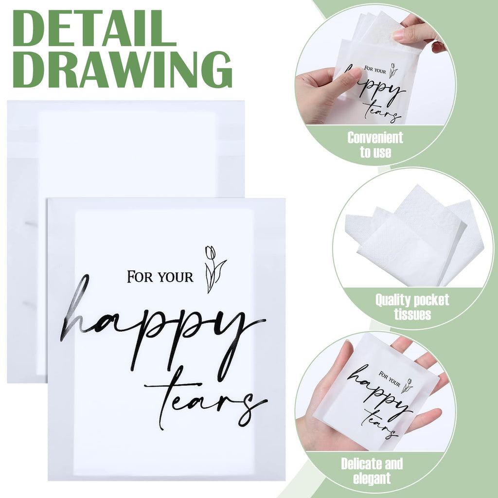 Eaasty 60 Pack Happy Tears Tissue Packs for Wedding 3 Ply Wedding Tissues for Guests Travel Size Bulk Facial Paper Welcome Bag Stuffers Gift Bride Groom Mother