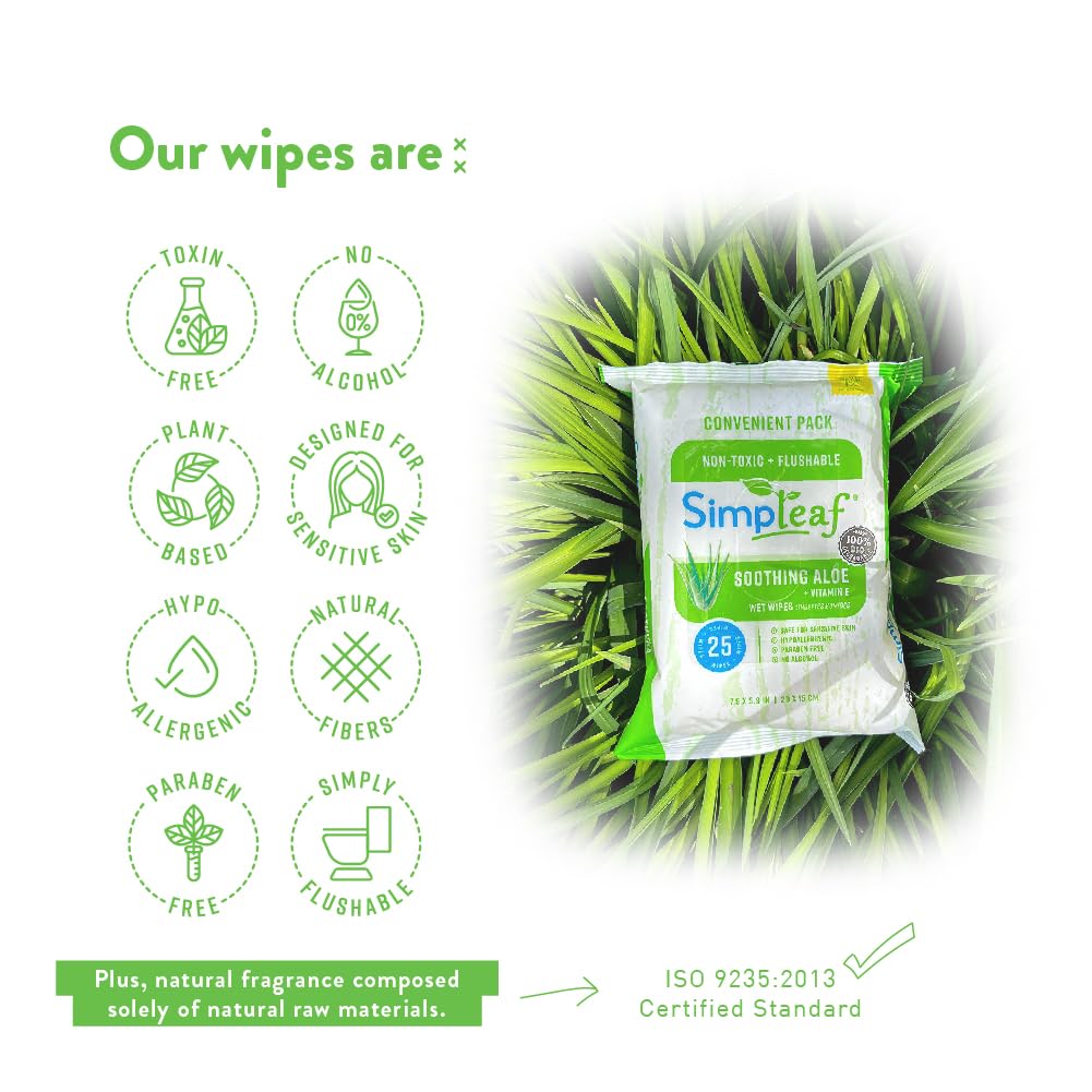Simpleaf Flushable Wet Wipes Aloe Vera| Eco-Friendly, Paraben & Alcohol Free | Hypoallergenic & Safe for Sensitive Skin | Soothing Aloe Formula | (6 x 25 Counts Convenient Pack) 150 Counts Total