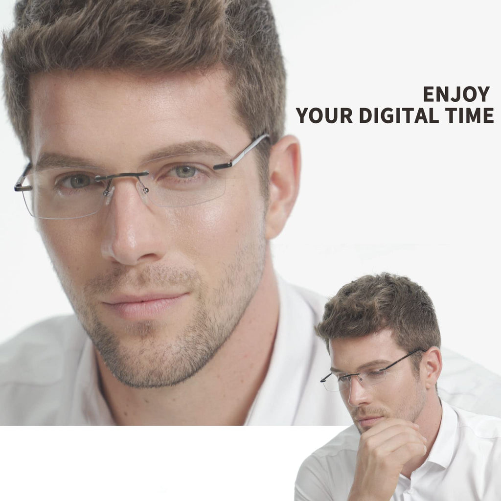 JJWELL 3 Pack Reading Glasses for Men Blue Light Blocking, Lightweight Rimless Metal Mens Eyeglasses Readers, Anti Eyestrain/Dryness/Computer Glare/UV 400, Spring Hinge Eyeglasses(250 Strength)