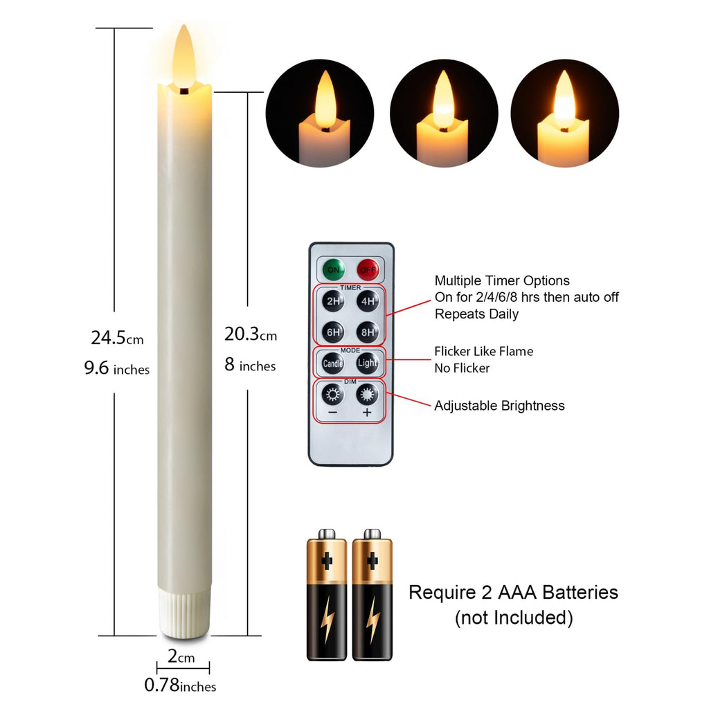 Homemory 9.6 Inches Waxy Flameless Taper Candles with Remote Timer Dimmer, Flickering LED Candlesticks, Battery Operated Window Candle for Christmas Wedding Decor, 6 Pcs Ivory Wavy Taper Candles