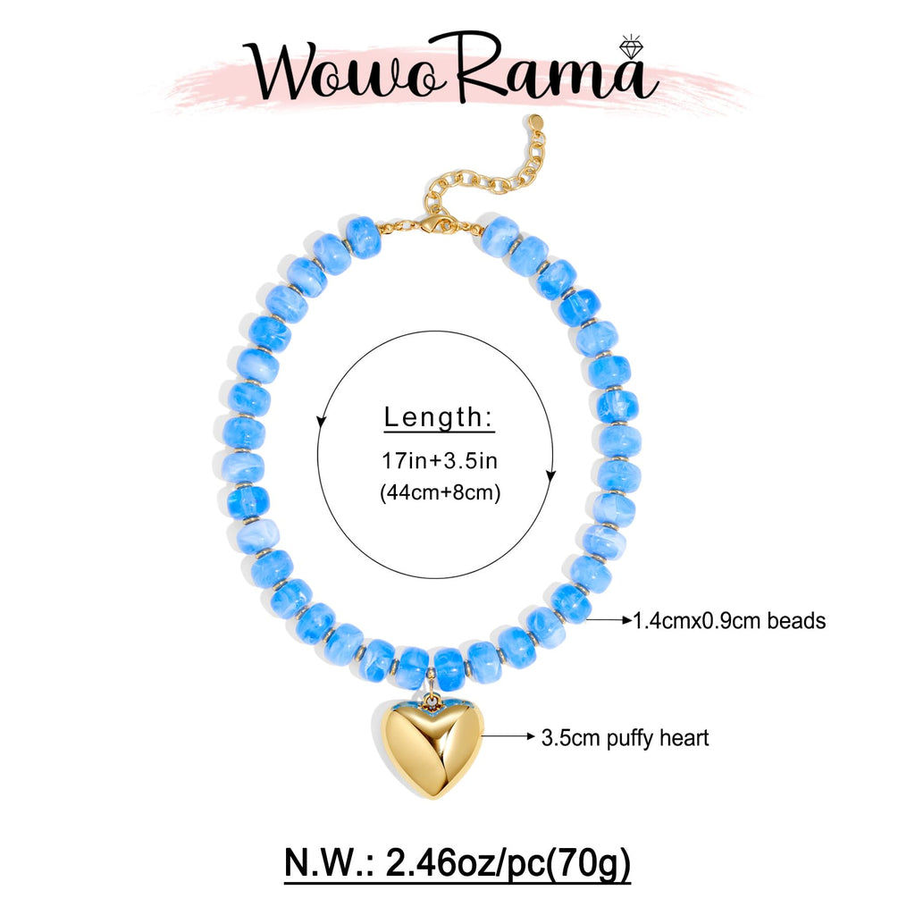 WOWORAMA Chunky Heart Necklace for Women Light Blue Resin Beaded Necklaces with Puffy Heart Pendant Chunky Statement Necklace Boho Trendy Summer Jewelry