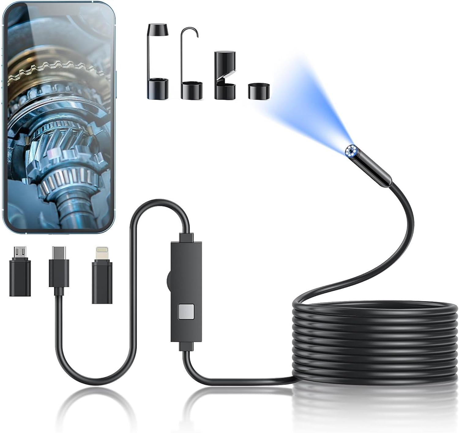 Kinpthy Endoscope Camera with Light,1920P HD Borescope Tools with 8 Adjustable LED Lights, Endoscope with Semi-Rigid Snake Camera, Inspection Borescope for iOS and Android-16.4ft Single Lens